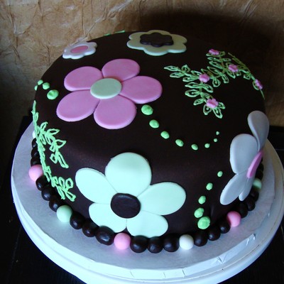 Chocolate Fondant Pink/green/white Flowers Cake on Cake Central