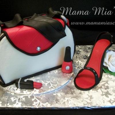 Red-Black-White Purse Cake W/shoe & Rose Red-Black-White Purse Cake W/shoe & Rose