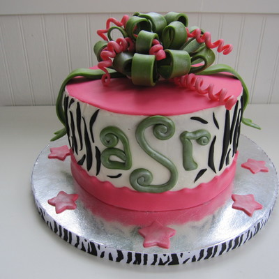 Pink Green Zebra Cake With Bow on Cake Central