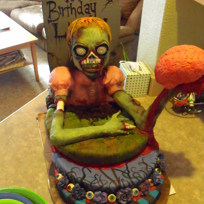 3-D Little Zombie Girl Holding Realistic Brain Cake on Cake Central
