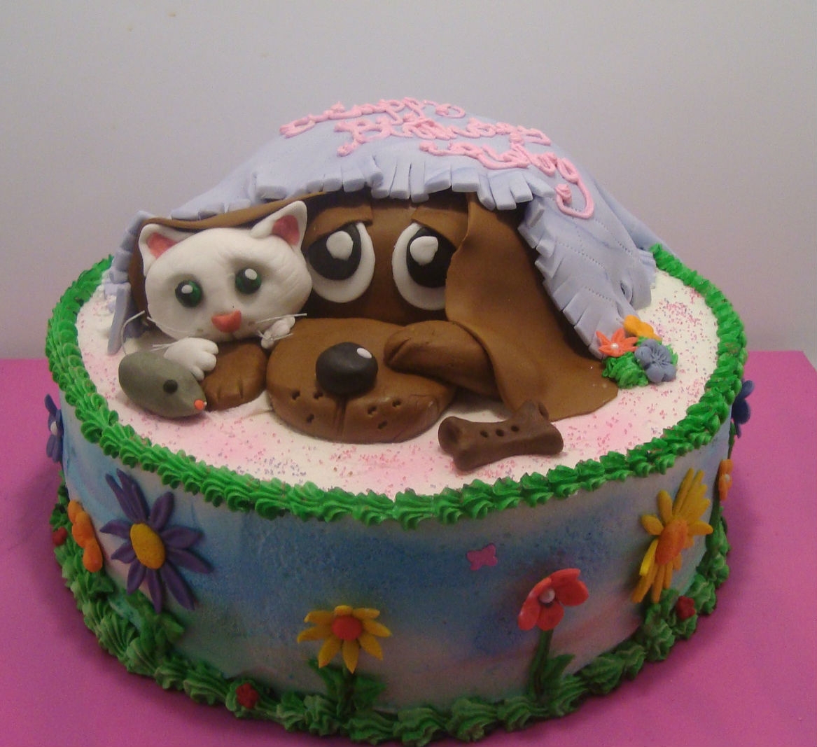 Dog And Kitty Flower Birthday Cake - CakeCentral.com