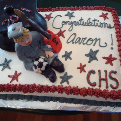 Graduation Cake With Grad, Soccer Ball, And Red Guitar Graduation Cake With Grad, Soccer Ball, And Red Guitar