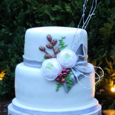 A Winter Wedding Cake For A 40 Years Wedding Anniversary The Ranunculus Are Made Of Wafer Paper For The Little Pine Cones A Made A Mold By... A Winter Wedding Cake For A 40 Years Wedding Anniversary The Ranunculus Are Made Of Wafer Paper For The Little Pine Cones A Made A Mold By...