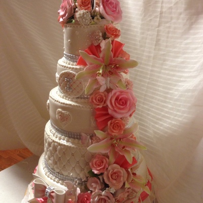 Coral Themed Wedding Cakes Tons Of Sugar Flowers on Cake Central