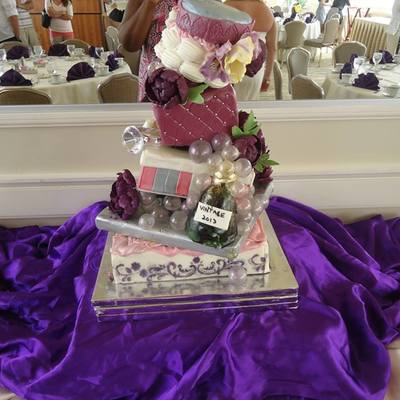 Topsy Turvy Engagement Gift Box Cake Wine Bottle With Bubbles That Spill Out Onto The Cake Peonies Sugar Flowers And 3D Engagement Ring