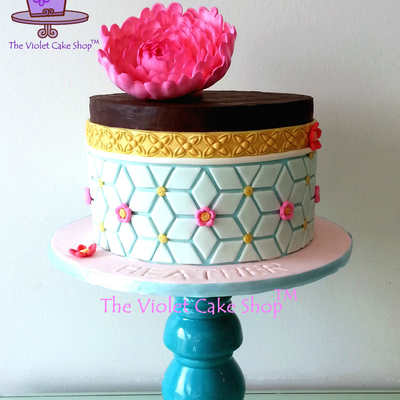 Semi-Naked Ganache With Geometric Pattern And Hot Pink Gumpaste Peony