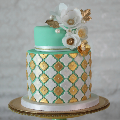 Gold And Mint With Wafer Paper Flowers on Cake Central