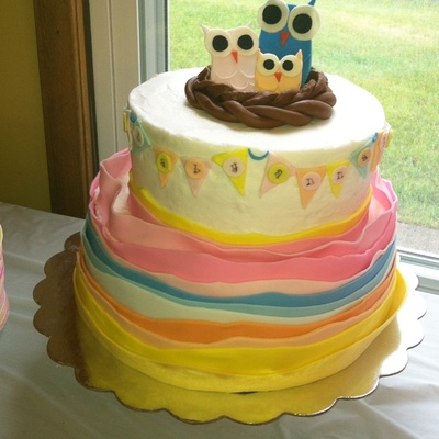 Owl Baby Shower Cake I Made For My Sister 8In Lemon With Bc And 10In Yellow With Bc Mmf Decorations And For The Flag Pendants I Used A S