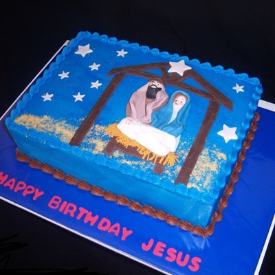 Happy Birthday Jesus 2 Layer Wasc With Raspberry Filling Butter Cream Icing And Mff 2 D Figures And Deco Graham Cracker Sand Inspirat