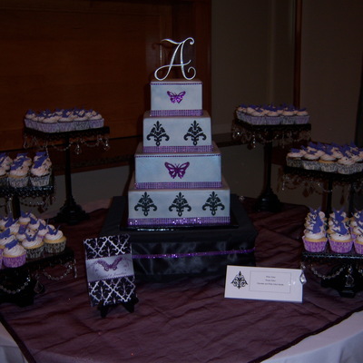 4 Tier Square Dummy Cake Designed To Match Their Invitations 3 Flavors Of Cupcakes With Fondant Butterfly Toppers Colors Where Silver Pur 4 Tier Square Dummy Cake Designed To Match Their Invitations 3 Flavors Of Cupcakes With Fondant Butterfly Toppers Colors Where Silver Pur