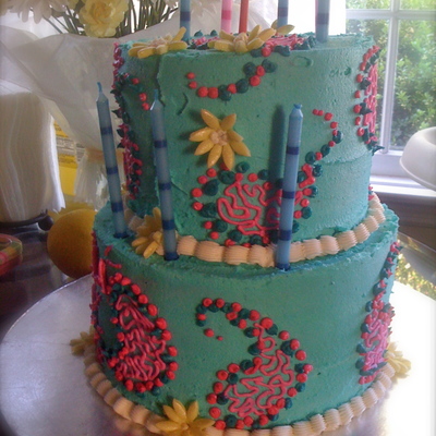 Sky Blue And Pink Paisley Tiers With Yellow Daisies Sky Blue And Pink Paisley Tiers With Yellow Daisies