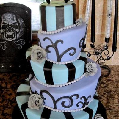 Halloween Wedding Cake Topsy Turvy Mad Hatter Tiers Bride Of Frankenstein Topper With Roses And Pearls Blue Purple Black And Gray T on Cake Central