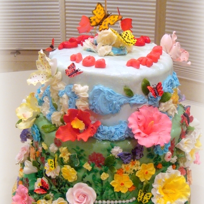 Bat Mitzvah Cake: Meadow And Sky With Flowers And Butterflies Bat Mitzvah Cake: Meadow And Sky With Flowers And Butterflies