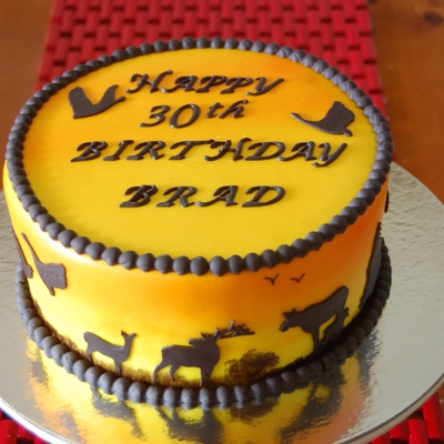 Choc Mudcake With Chocolate Ganache Filling Covered In Fondant Then Airbrushed With Yelloworange Colours Silhouettes Hand Cut Choc Mudcake With Chocolate Ganache Filling Covered In Fondant Then Airbrushed With Yelloworange Colours Silhouettes Hand Cut