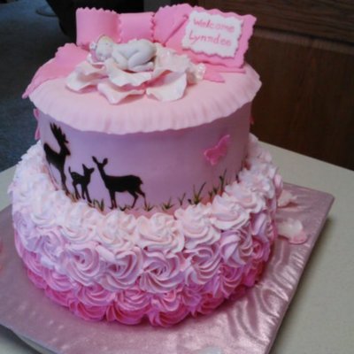 Butter Cream Rosette And Fondant Baby Shower Cake With Air Brushed Deer Family And Fondant Baby In Fondant Rose Petals Bottom Tier Has Rasp... Butter Cream Rosette And Fondant Baby Shower Cake With Air Brushed Deer Family And Fondant Baby In Fondant Rose Petals Bottom Tier Has Rasp...