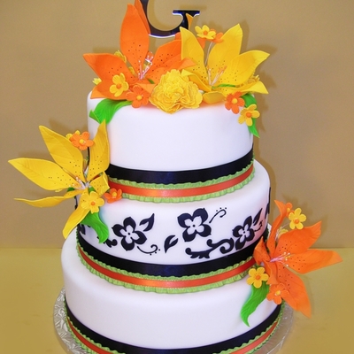 Black And White Damask With Bright Lime, Orange & Yellow Lilies Black And White Damask With Bright Lime, Orange & Yellow Lilies