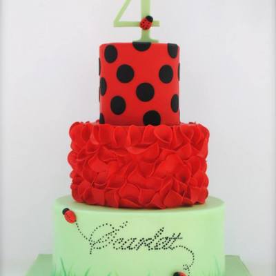 Ladybug Cake Scrunch roses on middle tier (fondant circles scrunched into a petal, I let them dry for maybe 30 minutes and then adhered them to the cake...