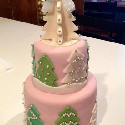Light Pink Fondant Covered Cake With Fondant Christmas Trees Light Pink Fondant Covered Cake With Fondant Christmas Trees