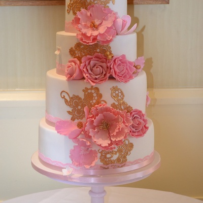 4 Tier White Wedding Cake With Pink Blush And Pastel Pink Handmade Sugar Roses Orchids Hydrangeas And Peonies Design Complimented With 4 Tier White Wedding Cake With Pink Blush And Pastel Pink Handmade Sugar Roses Orchids Hydrangeas And Peonies Design Complimented With