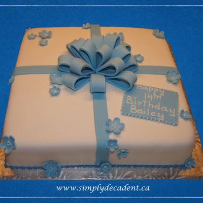 Fondant Gift Box Birthday Cake With Blue Fondant Bow Amp Flowers on Cake Central