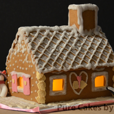 My First Gingerbread House Snow And Assembling With Glaze Icing And Fondant Shutters And Decorations Sowman And Penguins Are Also Made Of