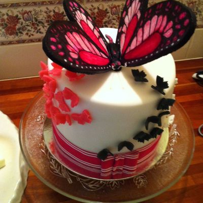 White Choc Cake With White Choc Ganache Iced In Fondant With 25 White 25 Pink 9 Black Little Butterflys Amp 1 Large Fondant Hand Painte White Choc Cake With White Choc Ganache Iced In Fondant With 25 White 25 Pink 9 Black Little Butterflys Amp 1 Large Fondant Hand Painte