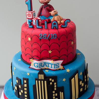 A Little Baby Boy In A Spiderman Costume With His Cuddly Little Teddy Bear The Request Was For A Spiderman Themed Birthday Cake For A Littl...