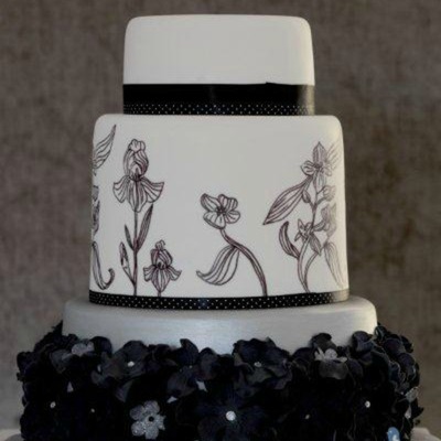 Black And White Wedding Cake With Handpainted Floral Detail And Handmade Black Sugar Flowers With Silve Accent Flowers on Cake Central