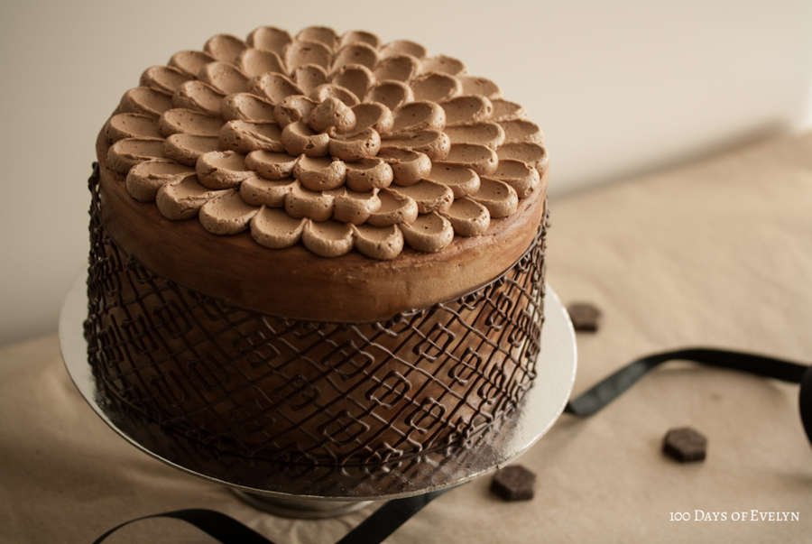 Chocolate Cake Covered In Chocolate Buttercream Encased In A Piped