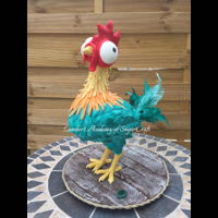 Hei Hei 3D sculpted rooster stands 16" tall and is constructed on a 12" cake boardMaterials used: threaded rod armature, RKT, modelling...