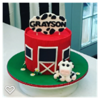 Farm First Birthday Fondant cow, red barn and edible banner.