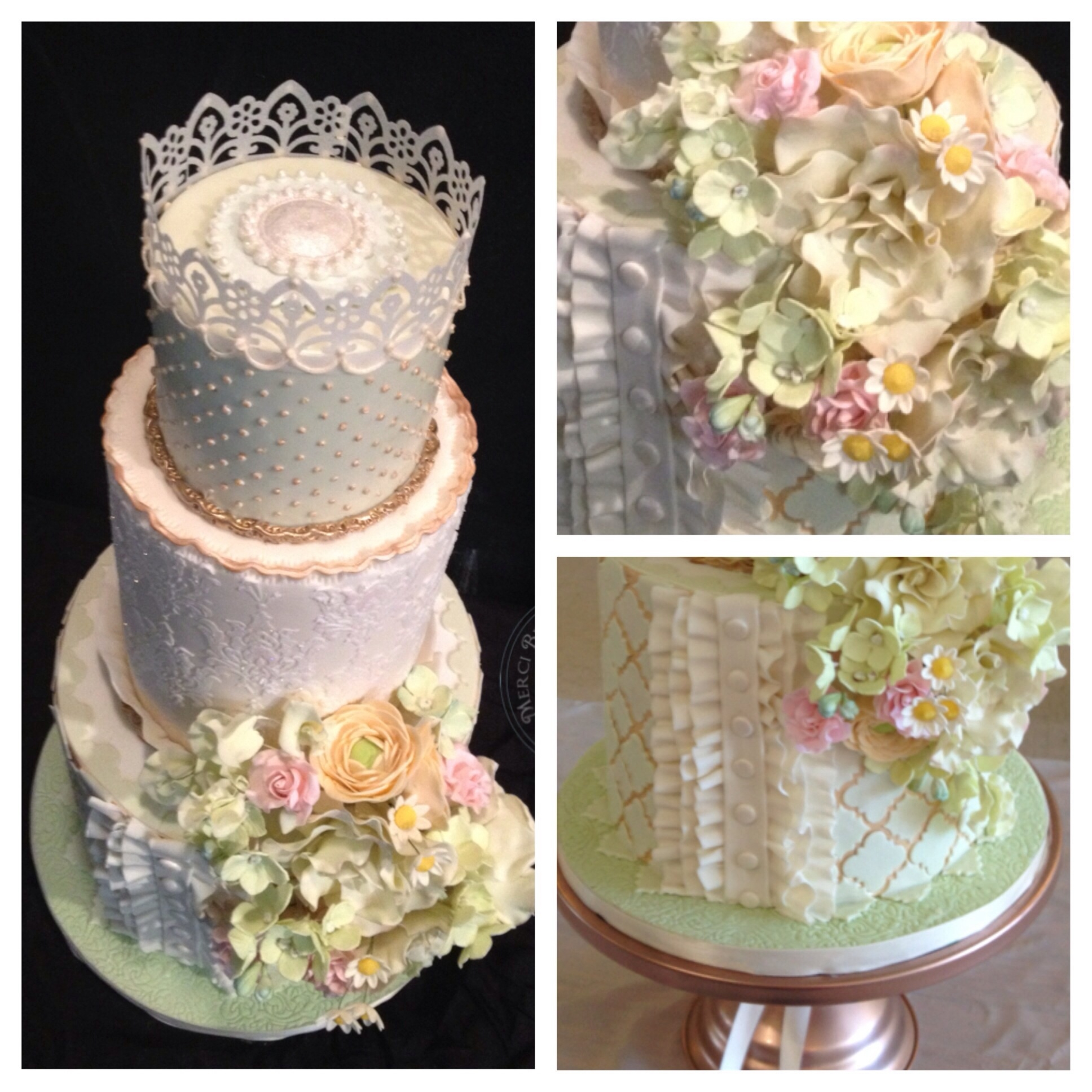 Mixed Medium Cake Featuring Stencil Work Fondant Applique Sugar Paste