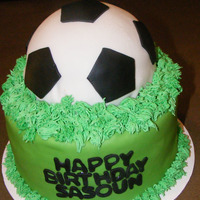 Soccer Ball Birthday Cake Decorated with butter cream for grass and the rest is fondant.