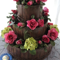 Garden Basket Wedding Cake Flower Basket Wedding Cake Fondant wood grain slatted basket with roses and hydrangea flowers. Stone fondant cake board. 1st Place NCACS...