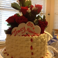 50Th Birthday Cake chocolate cake, buttercream icing, ganache filling, silk flowers, fondant lady bugs
