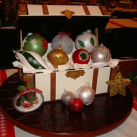 Gingerbread Ornaments My second entry into The National Gingerbread House Competition. A trunk filled with Christmas Ornaments with a few displayed on the board...