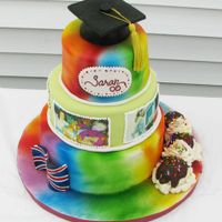Tie Dyed Graduation Cake Tie dyed graduation cake. Graduate is going to London and works in at an ice cream stand. Ice Cream is made with white chocolate.