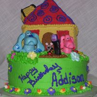 Blue's Clues The base and house are Chocolate cake with vanilla butter cream frosting. Blue's clues and friends are hand sculpted in fondant.