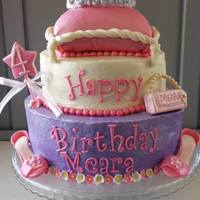 Princess Theme Birthday Cake For my granddaughter's 4th birthday she requested a princess cake. Pillow top cake is covered in fondant. Bottom two layers are cream...
