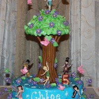 Tinkerbell Tree Cake Cake is iced with buttercream. Tree is made from fondant and rice krispy treats.