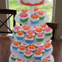 Cupcake Tower Cupcakes = Buttercream with fondant loop flowers, Cake = Fondant covered