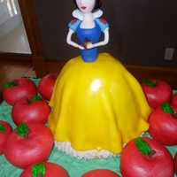 Snow White Snow White Cake. Dress is cake, Snow White is gumpaste. Apples are cupcakes, iced and wrapped in fondant,