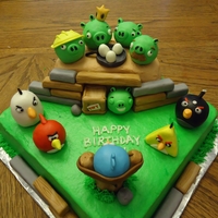 Angry Birds design is from a picture my client sent to me, not sure whose it was originally! Birds and pigs are rice crispies with fondant. A lot of...
