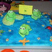 Frog Frog cake for end of school year for my froggie class. all airbrushed blue to look like pond water and lily pad with toy frogs.