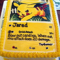 Pikachu Custom Card Frozen buttercream transfer on a yellow buttermilk cake.