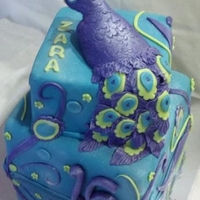 Peacock Sweet 16 Cake The inside is white cake tinted with peacock colors throughout.