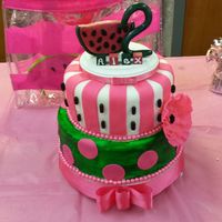 Watermelon Themed Birthday The topper was purchased by the parent and not cake and the bottom pink ribbon is part of the cake board I made - not the cake itself.