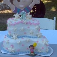 Dora The Explorer Dora the Explorer cake topper is solid chocolate. The cake is covered in white chocolate stars.