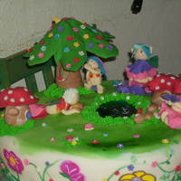 Fairies And Mushrooms A cake I made with my daughter for my daughters birthday. Everything is edible and the pond is made out of Jell-O.
