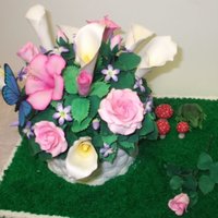 Basket Of Flowers & Frog 11" x 15" yellow cake & 6" double layer yellow cake w/lemon filling. BC icing, basket weave and grass. Gum-paste flowers...